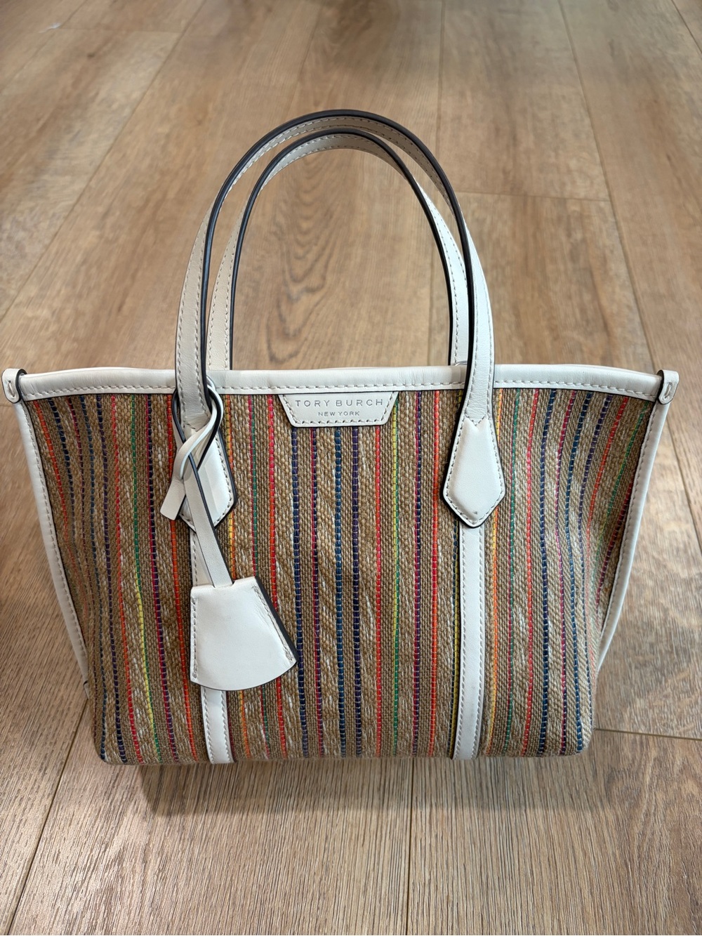 Tory Burch Small Perry Stripe Raffia Tote Multicolor Ivory Leather - Picture 2 of 12